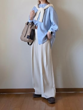 「ikka（イッカ）の冷感リネンバンドカラーシャツ（シャツ/ブラウス、ブルー系）」を使った、マルルン♪ さんの春コーディネート