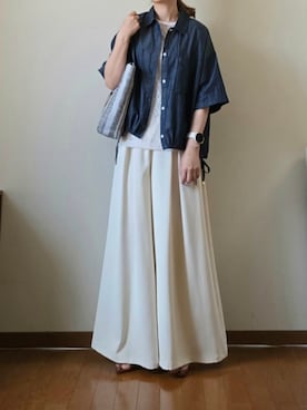 「ikka（イッカ）の冷感／デニム裾ドロストシャツ（シャツ/ブラウス、ブルー系）」を使った、マルルン♪ さん（レディース・159cm）の春コーディネート