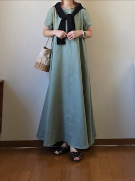 「LibertyDoll（リバティードール）の編み込みフラットサンダル ミュールサンダル（サンダル、ブラウン系）」を使った、マルルン♪ さん（レディース・159cm）の夏コーディネート