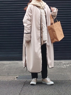 「ケーブルニット」｜「アイテム（ノーカラーコート）」を使った、マルルン♪ さん（レディース・159cm）の冬コーディネート