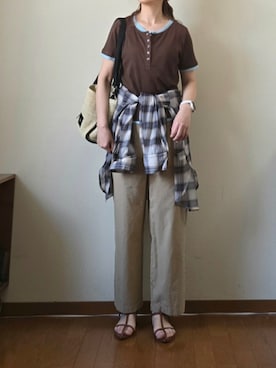 「tiptop（ティップトップ）の配色シアー×ヘンリーネックレイヤードT（Tシャツ/カットソー、ブラウン系）」を使った、マルルン♪ さん（レディース・159cm）の春コーディネート
