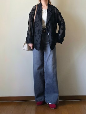 「aquagarage（アクアガレージ）の花柄刺繍テーラードジャケット（その他アウター、ブラック系）」を使った、マルルン♪ さんの春コーディネート