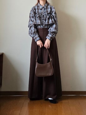 「tiptop（ティップトップ）のシアーチェック2wayシャツ（シャツ/ブラウス、ブラウン系）」を使った、マルルン♪ さん（レディース・159cm）の夏コーディネート