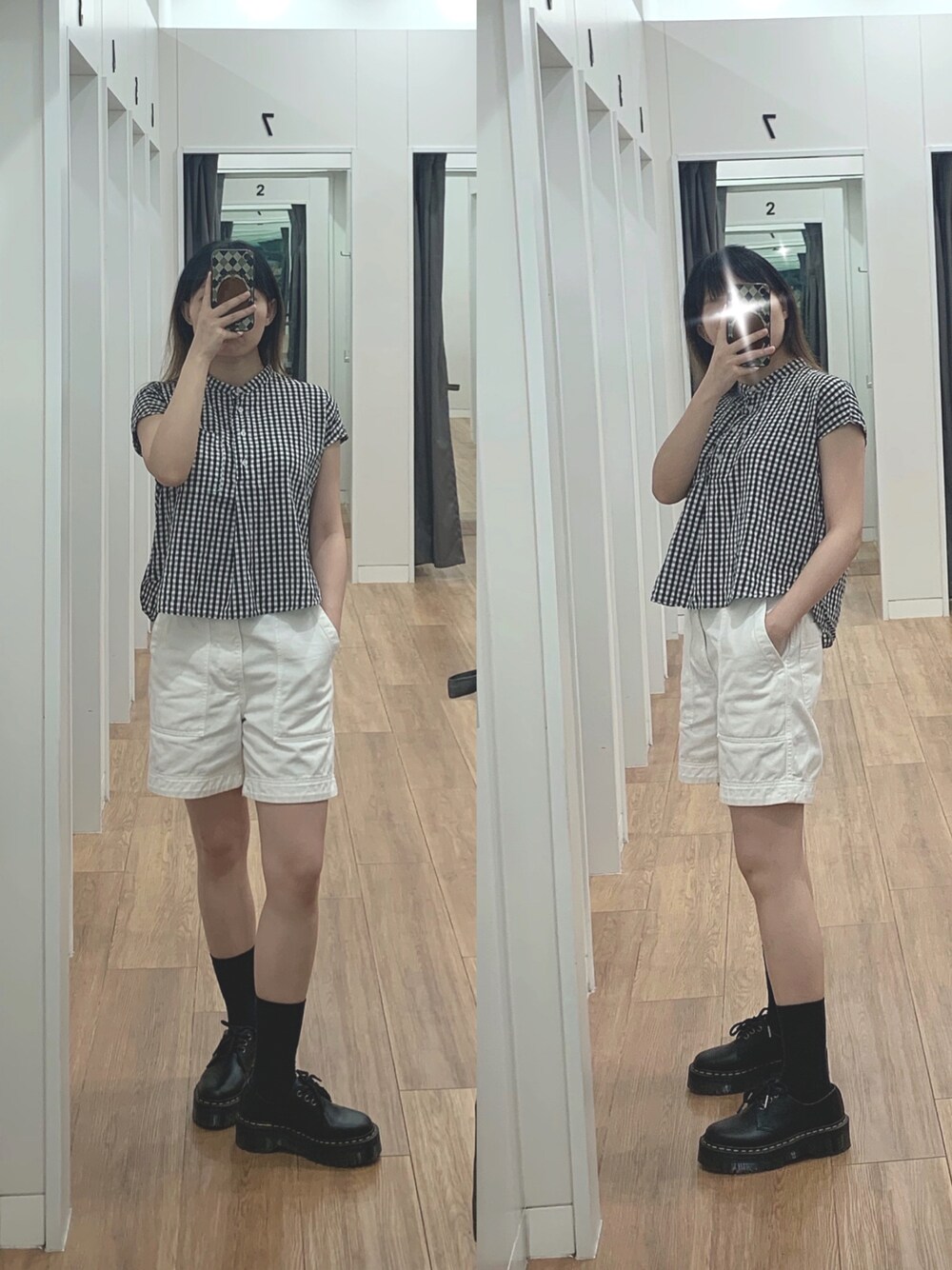 「ootd、夏、休闲、基础款、通勤穿搭、Dr.Martens」｜「UNIQLOのデニムイージーショーツ（その他パンツ、ホワイト系）」を使った、KreuzRoseさん（レディース・164cm）の秋コーディネートの1枚目の写真