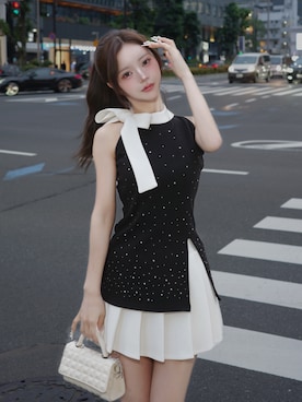 「Darich（ダーリッチ）のビジューリボンプリーツミニセットアップ（セットアップ、ピンク系）」を使った、Darichさん（レディース・163cm）の春コーディネート