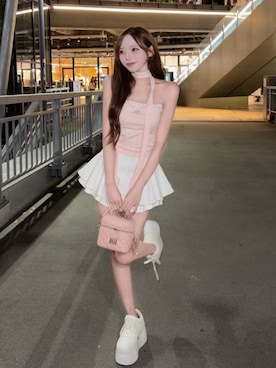 「Darich（ダーリッチ）のダブルフレアミニスカート（スカート、ホワイト系）」を使った、Darichさん（レディース・160cm）の夏コーディネート