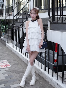 「Darich（ダーリッチ）のVカットロングブーツ（ブーツ、ホワイト系）」を使った、Darichさん（レディース・158cm）の春コーディネート