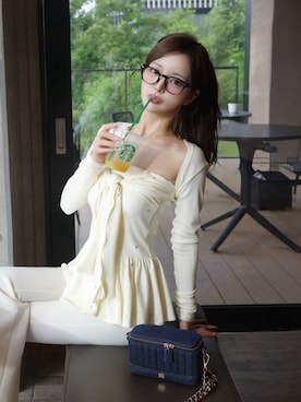 「Darich（ダーリッチ）のUVカットリボンビジューアンサンブル（アンサンブル、イエロー系）」を使った、Darichさん（レディース・163cm）の夏コーディネート