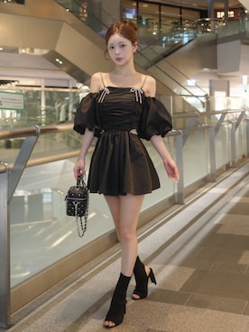 「Darich（ダーリッチ）のウエストオープンビジューフレアミニワンピース（ワンピース、ブラック系）」を使った、Darichさん（レディース・160cm）の夏コーディネート
