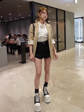 「Darich（ダーリッチ）のウエストマークビッグシャツ（シャツ/ブラウス、ホワイト系）」を使った、Darichさん（レディース・158cm）の春コーディネート