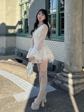 「Darich（ダーリッチ）のフェアリーレースフリルミニワンピース（ワンピース、ホワイト系）」を使った、Darichさん（レディース・168cm）の秋コーディネート