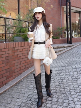 「Darich（ダーリッチ）のウエストマークテーラードジャケット（テーラードジャケット、ベージュ系）」を使った、Darichさん（レディース・158cm）の春コーディネート