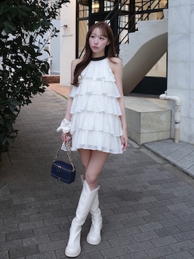 「Darich（ダーリッチ）のVカットロングブーツ（ブーツ、ホワイト系）」を使った、Darichさん（レディース・158cm）の春コーディネート