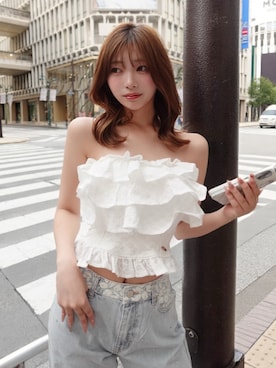 「Darich（ダーリッチ）のレースビジュールーズデニムパンツ（デニムパンツ、ブルー系）」を使った、Darichさん（レディース・163cm）の春コーディネート