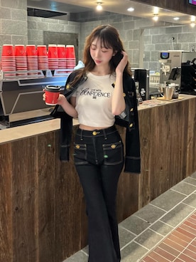 「Darich（ダーリッチ）のDDボタンノーカラーデニムジャケット（デニムジャケット、ブルー系）」を使った、Darichさん（レディース・158cm）の春コーディネート