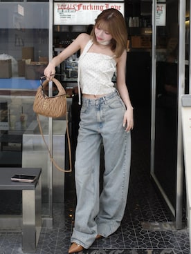 「Darich（ダーリッチ）のドットタイリボンベアトップ（その他トップス、ホワイト系）」を使った、Darichさん（レディース・163cm）の夏コーディネート