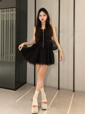 「Darich（ダーリッチ）のレースドッキングコルセットフレアミニワンピース（ワンピース、ブラック系）」を使った、Darichさん（レディース・160cm）の夏コーディネート