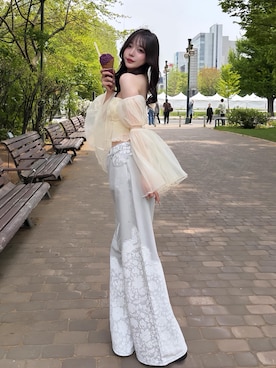 「Darich（ダーリッチ）のレースビジュールーズデニムパンツ（デニムパンツ、グレー系）」を使った、Darichさん（レディース・163cm）の夏コーディネート