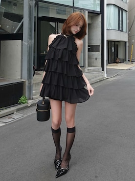 「Darich（ダーリッチ）のドットティアードアメスリミニワンピース（ワンピース、ブラック系）」を使った、Darichさん（レディース・158cm）の春コーディネート