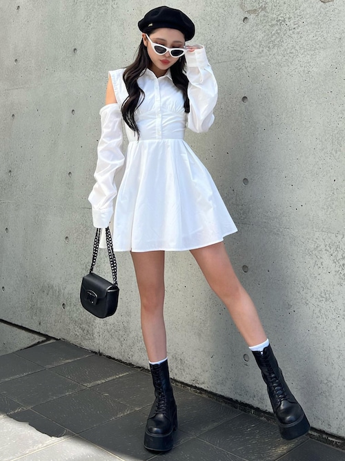 セール】オープンショルダーシャツワンピース（シャツワンピース