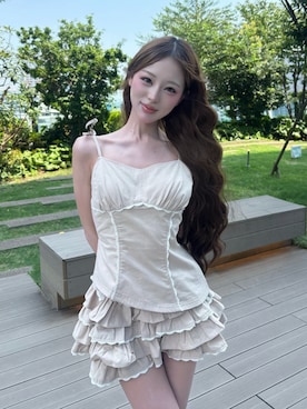 「Darich（ダーリッチ）のショルダーリボンレースフリルセットアップ（セットアップ、ベージュ系）」を使った、Darichさん（レディース・160cm）の夏コーディネート