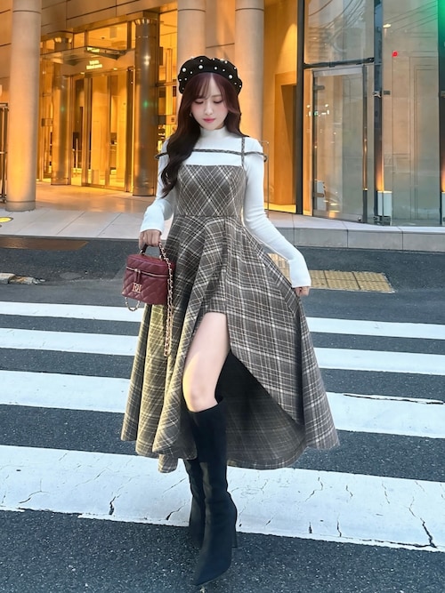 レイヤードチェックイレヘムミディワンピース（ワンピース）｜Darich