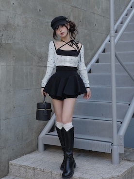 「Darich（ダーリッチ）のVカットロングブーツ（ブーツ、ブラック系）」を使った、Darichさん（レディース・158cm）の春コーディネート