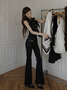 「Darich（ダーリッチ）のDDボタンリボンデニムトップス（ベスト、ブルー系）」を使った、Darichさん（レディース・158cm）の春コーディネート