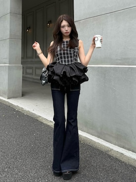「Darich（ダーリッチ）のチェックツイードボリュームペプラムトップス（その他トップス、ブラック系）」を使った、Darichさん（レディース・155cm）の夏コーディネート
