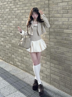 「Darich（ダーリッチ）のデザインバイカラーテーラードセットアップ（セットアップ、ベージュ系）」を使った、Darichさん（レディース・158cm）の春コーディネート