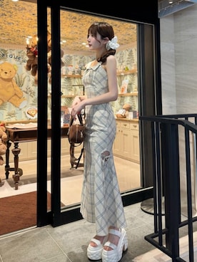 「Darich（ダーリッチ）のオープンリボンチェックロングワンピース（ワンピース、ベージュ系）」を使った、Darichさん（レディース・158cm）の春コーディネート