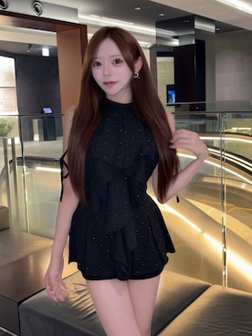 「Darich（ダーリッチ）のアメスリフリルショルダーリボンコンビネゾン（ワンピース、ブラック系）」を使った、Darichさん（レディース・163cm）の夏コーディネート