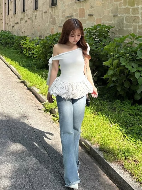 darich ドットバルーンワンショルトップ　WHT Darich（ダーリッチ） ドットバルーンワンショルトップス レディース