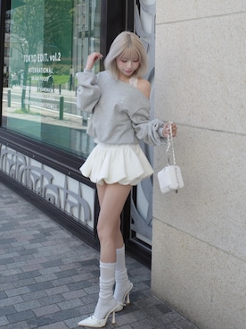 「Darich（ダーリッチ）のホルターレースワンショルスウェットトップス（スウェット、グレー系）」を使った、Darichさん（レディース・158cm）の春コーディネート