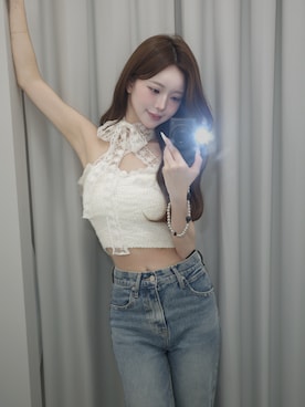 「Darich（ダーリッチ）のリボンレースニットキャミソール（キャミソール、ホワイト系）」を使った、Darichさん（レディース・160cm）の夏コーディネート