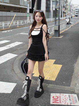 「Darich（ダーリッチ）のレーストラックチュールスカートセットアップ（セットアップ、ブラック系）」を使った、Darichさん（レディース・155cm）の夏コーディネート