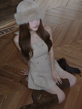 「Darich（ダーリッチ）のショルダーリボンツイードプリーツミニワンピース（ワンピース、ベージュ系）」を使った、Darichさん（レディース・155cm）の夏コーディネート