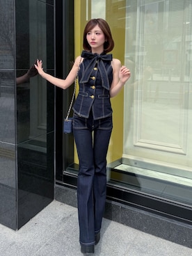 「Darich（ダーリッチ）のDDボタンリボンデニムトップス（ベスト、ブルー系）」を使った、Darichさん（レディース・158cm）の春コーディネート