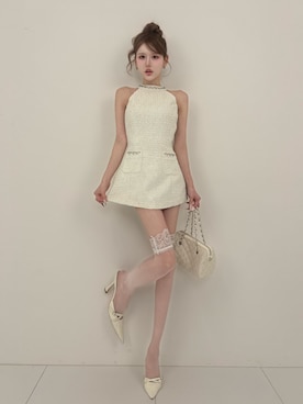 「Darich（ダーリッチ）のアメスリビジューツイードミニワンピース（ワンピース、ホワイト系）」を使った、Darichさん（レディース・163cm）の夏コーディネート