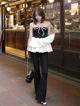「Darich（ダーリッチ）のリボンビジューバルーンベアチュニック（その他トップス、ブラック系）」を使った、Darichさん（レディース・163cm）の夏コーディネート