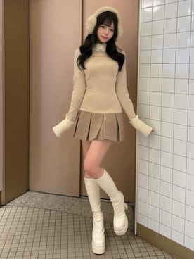 「Darich（ダーリッチ）のベルトネックプリーツニットミニワンピース（ワンピース、ベージュ系）」を使った、Darichさん（レディース・158cm）の秋コーディネート