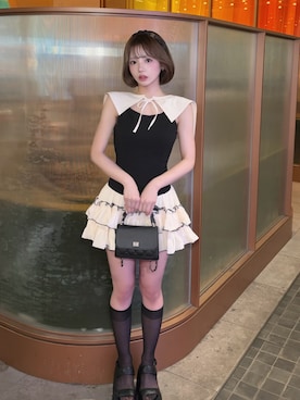 「Darich（ダーリッチ）のセーラーカラーボリュームフリルミニワンピース（ワンピース、ブラック系）」を使った、Darichさん（レディース・160cm）の夏コーディネート