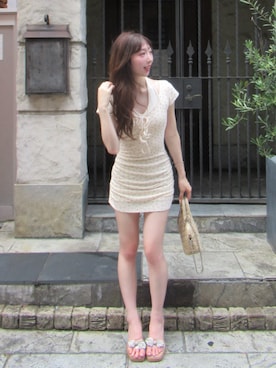 「Darich（ダーリッチ）のダブルリボンフローラルミニワンピース（ワンピース、ホワイト系）」を使った、Darichさん（レディース・160cm）の夏コーディネート