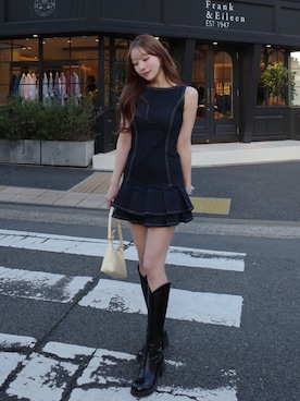 「Darich（ダーリッチ）のVカットロングブーツ（ブーツ、ブラック系）」を使った、Darichさん（レディース・158cm）の春コーディネート