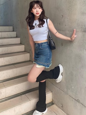 「アイテム（デニムスカート）」を使った、Darichさん（レディース・158cm）の夏コーディネート