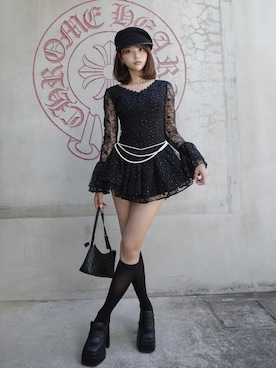 「Darich（ダーリッチ）のフェアリーレースフリルミニワンピース（ワンピース、ブラック系）」を使った、Darichさん（レディース・168cm）の秋コーディネート