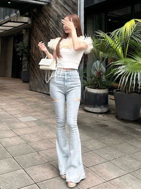 「Darich（ダーリッチ）のフェザーフラワーオフショルトップス（その他トップス、イエロー系）」を使った、Darichさん（レディース・163cm）の夏コーディネート