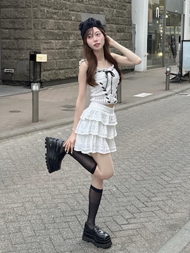 「Darich（ダーリッチ）のクロシェニットフリルセットアップ（セットアップ、ホワイト系）」を使った、Darichさん（レディース・163cm）の夏コーディネート