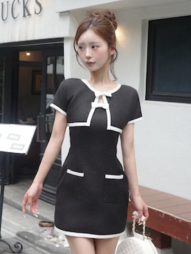 「Darich（ダーリッチ）のバイカラーリボンアンサンブルミニワンピース（ワンピース、ブラック系）」を使った、Darichさん（レディース・160cm）の夏コーディネート