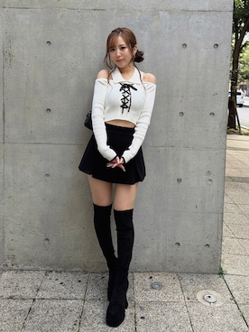 「Darich（ダーリッチ）のレースアップバイカラーニットトップス（ニット/セーター、ホワイト系）」を使った、Darichさん（レディース・155cm）の夏コーディネート